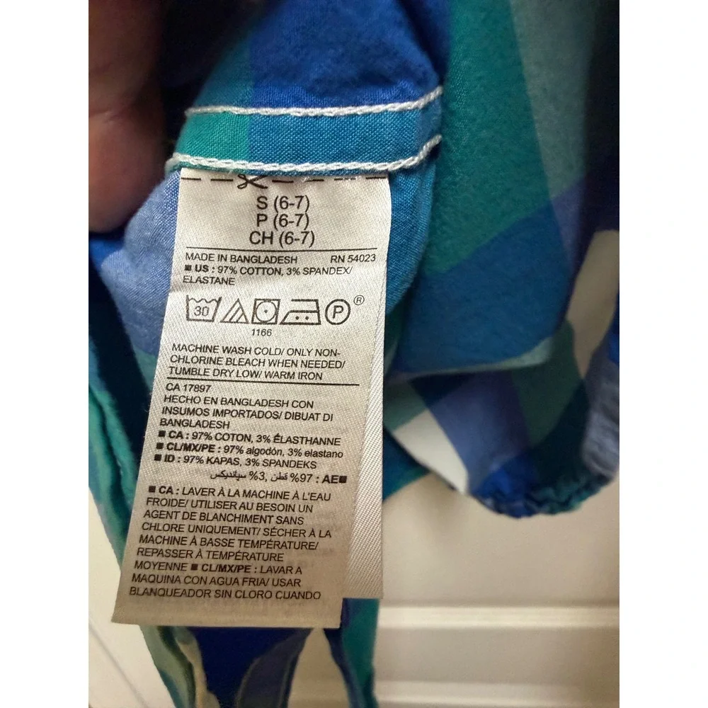 Old Navy Boys Blue Green Plaid Short Sleeve Button Down Stretch Shirt Size S 6-7